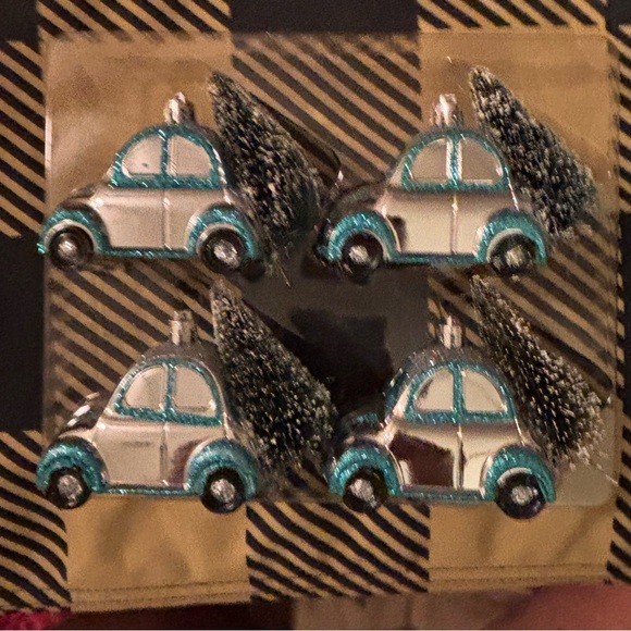 Silver and Blue Holiday VW Bug Car Ornament Set - Picture 2 of 4